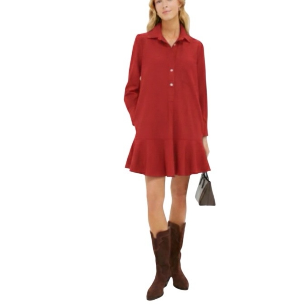 TUCKERNUCK Red Dress Callahan Crepe Shirt Dress Peplum Button Up Size Medium